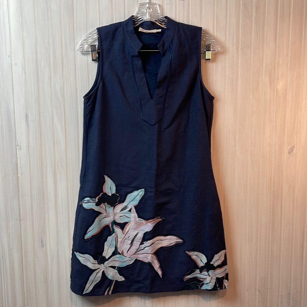 Tory Burch Navy Sleeveless Mini Dress with Floral Appliqué